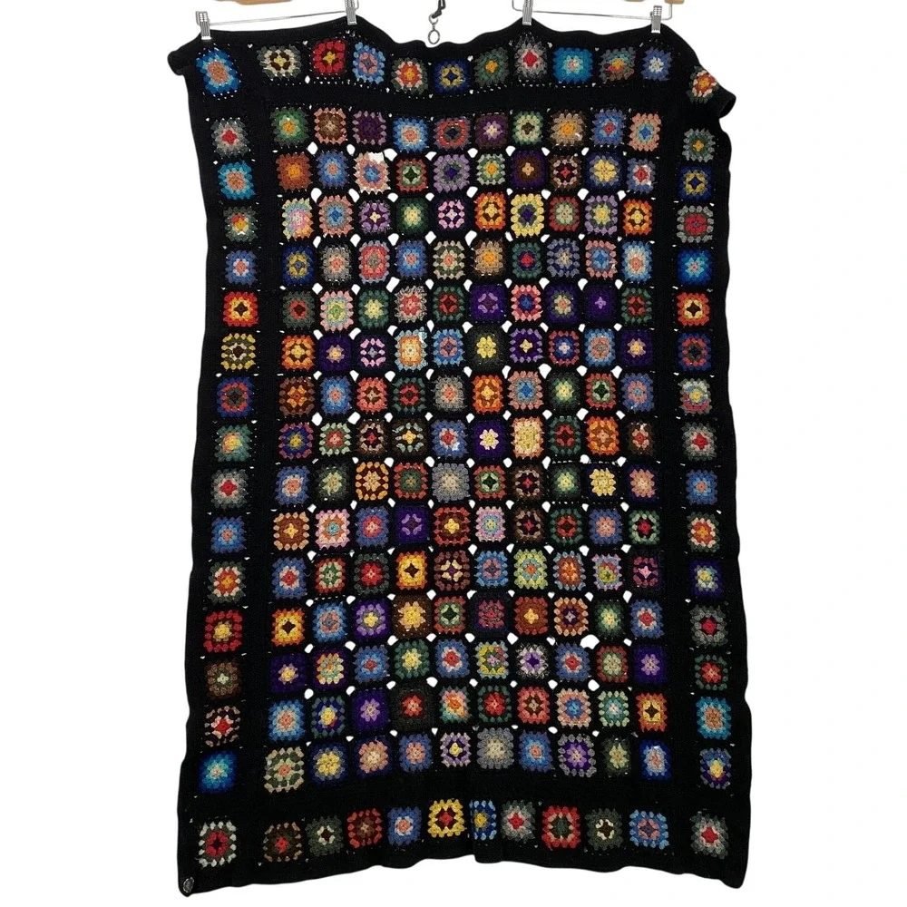 Vintage Berlou Wool Granny Square‎ Throw Blanket Afghan 61.5x39.5 Multicolor